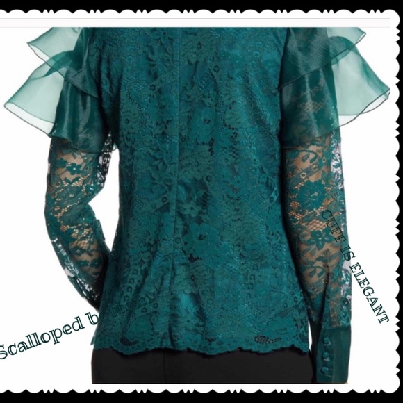 RACHEL PARCELL JEWEL NECK EMERALD GREEN FLUTTER WING SATIN LK CUFF TOP L… - Picture 3 of 11